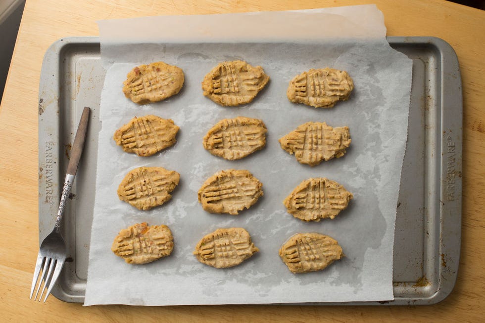 a tray of peanut butter cookies just before being put into oven