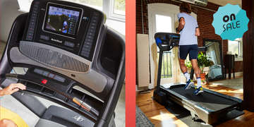 a closeup of a treadmill screen, and a man running on a treadmill inside