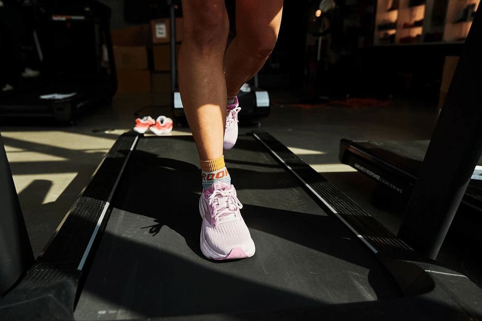 pink shoes running super fast on a treadmill