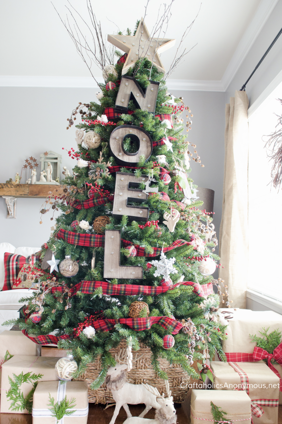 Crimson, Wood, and White Christmas Tree