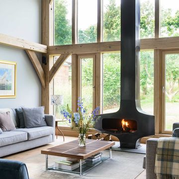 an asymmetrical wood stove in a home