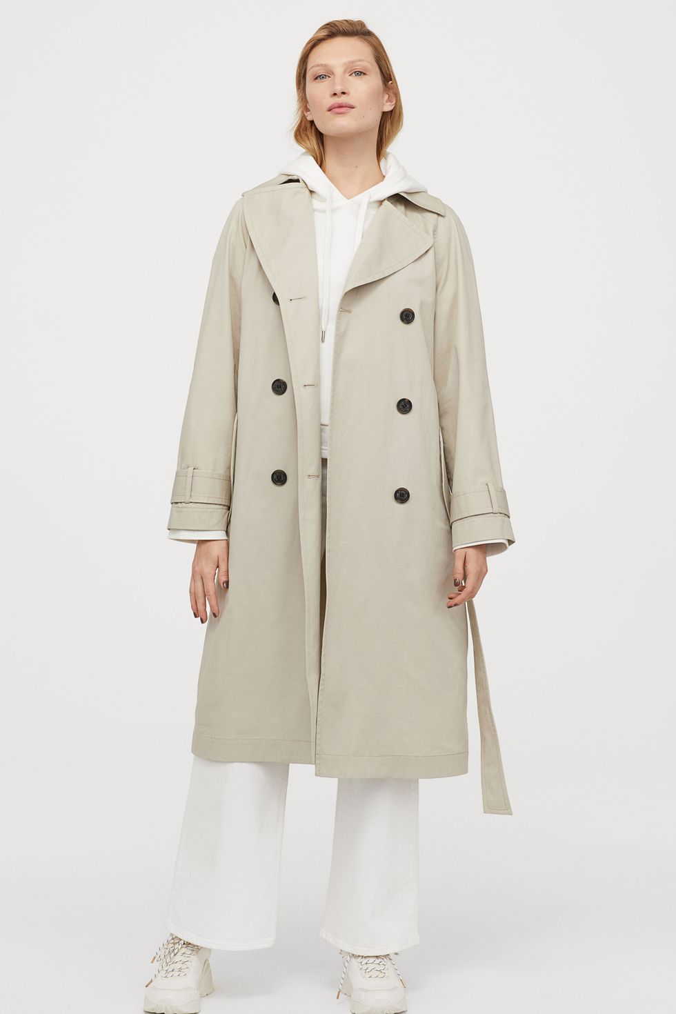 Clothing, Coat, Trench coat, Overcoat, Outerwear, Duster, Beige, Sleeve, White coat, Neck, 