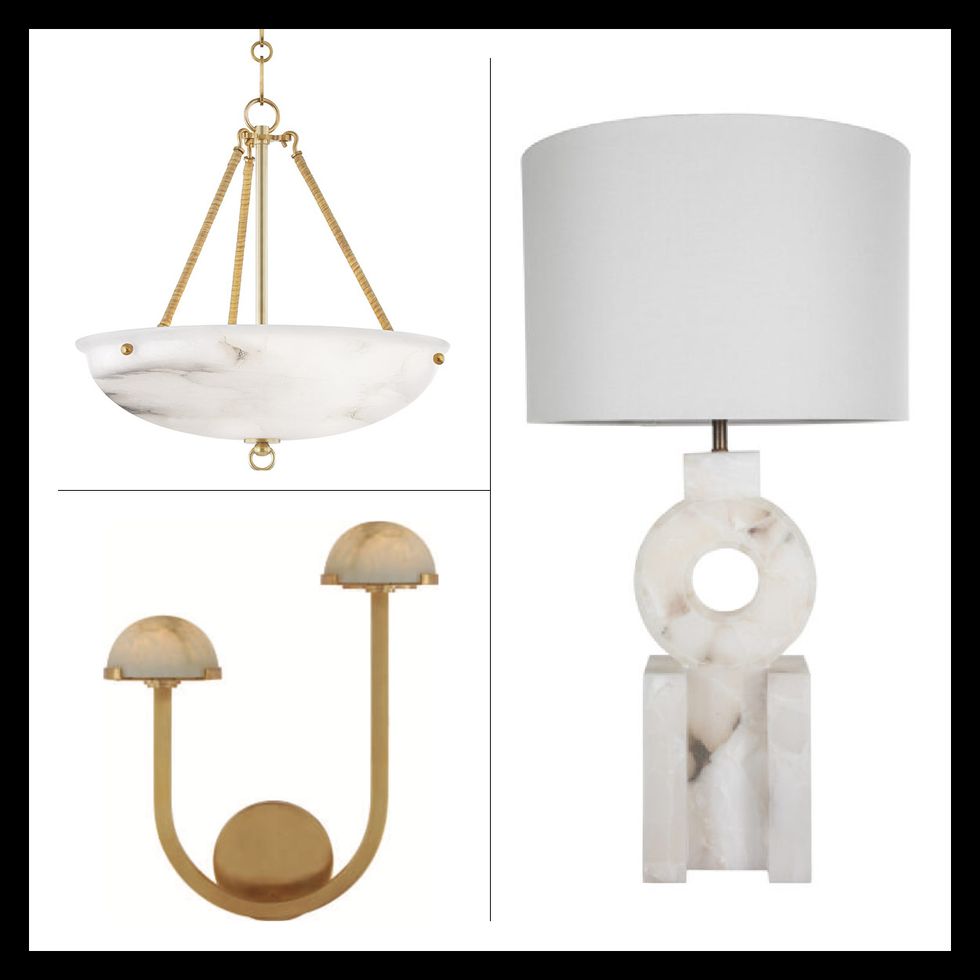 hanging pendant by mark d sikes for hudson valley lighting, sconce by kelly wearstler for visual comfort and table lamp by gabby lighting