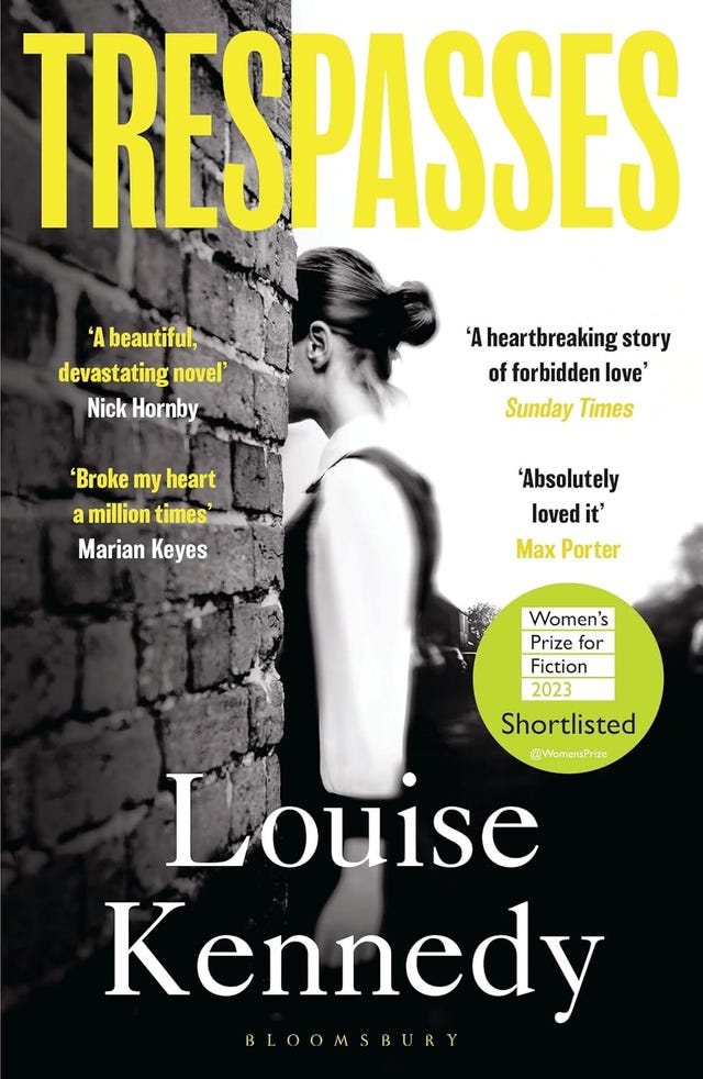 book cover of trespasses by louise kennedy with prominent quotes and award recognition