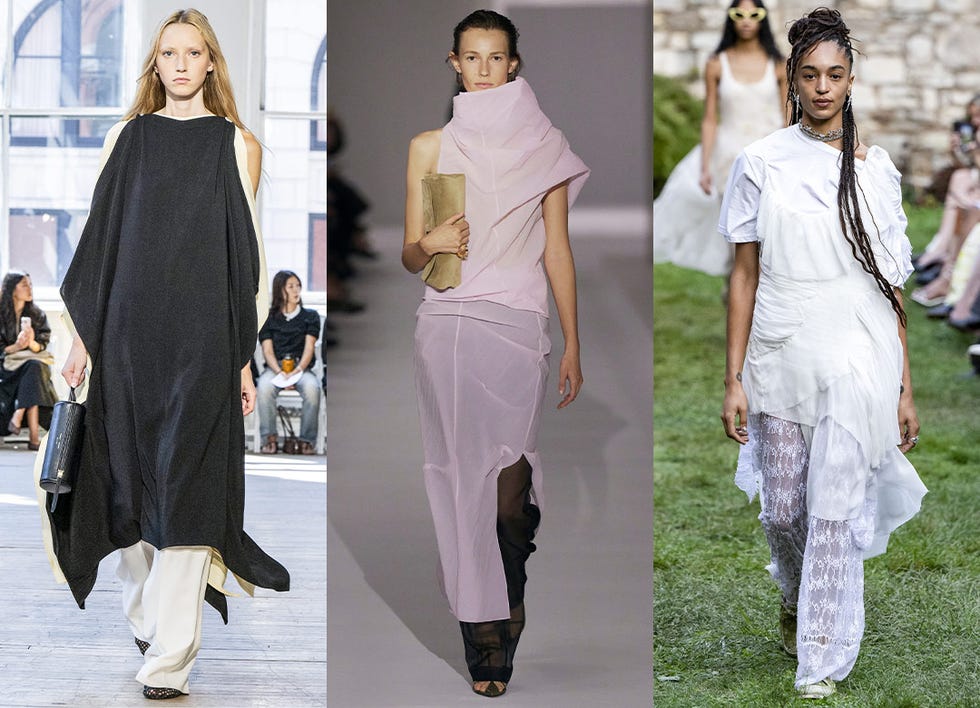 collage of models wearing dresses over pants