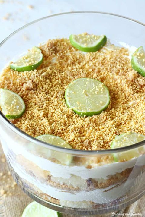 key lime cheesecake trifle in glass bowl