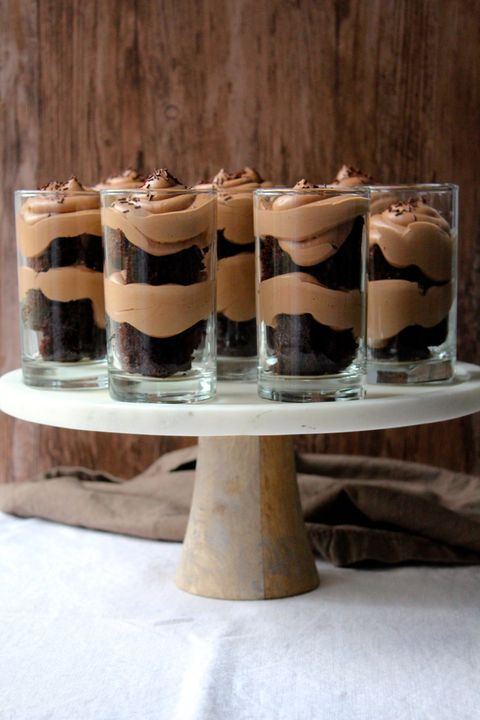 nutella mousse trifle in shooter glasses on cake stand