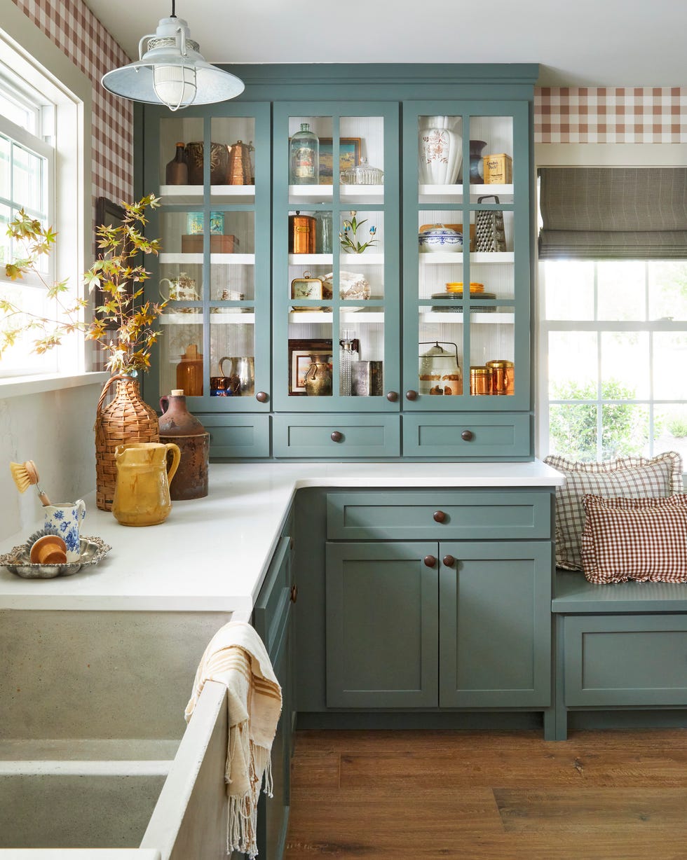 farmhouse kitchen with blue green cabinetry and tan gingham wallpaper farmhouse kitchen with blue green cabinetry and tan gingham wallpaper