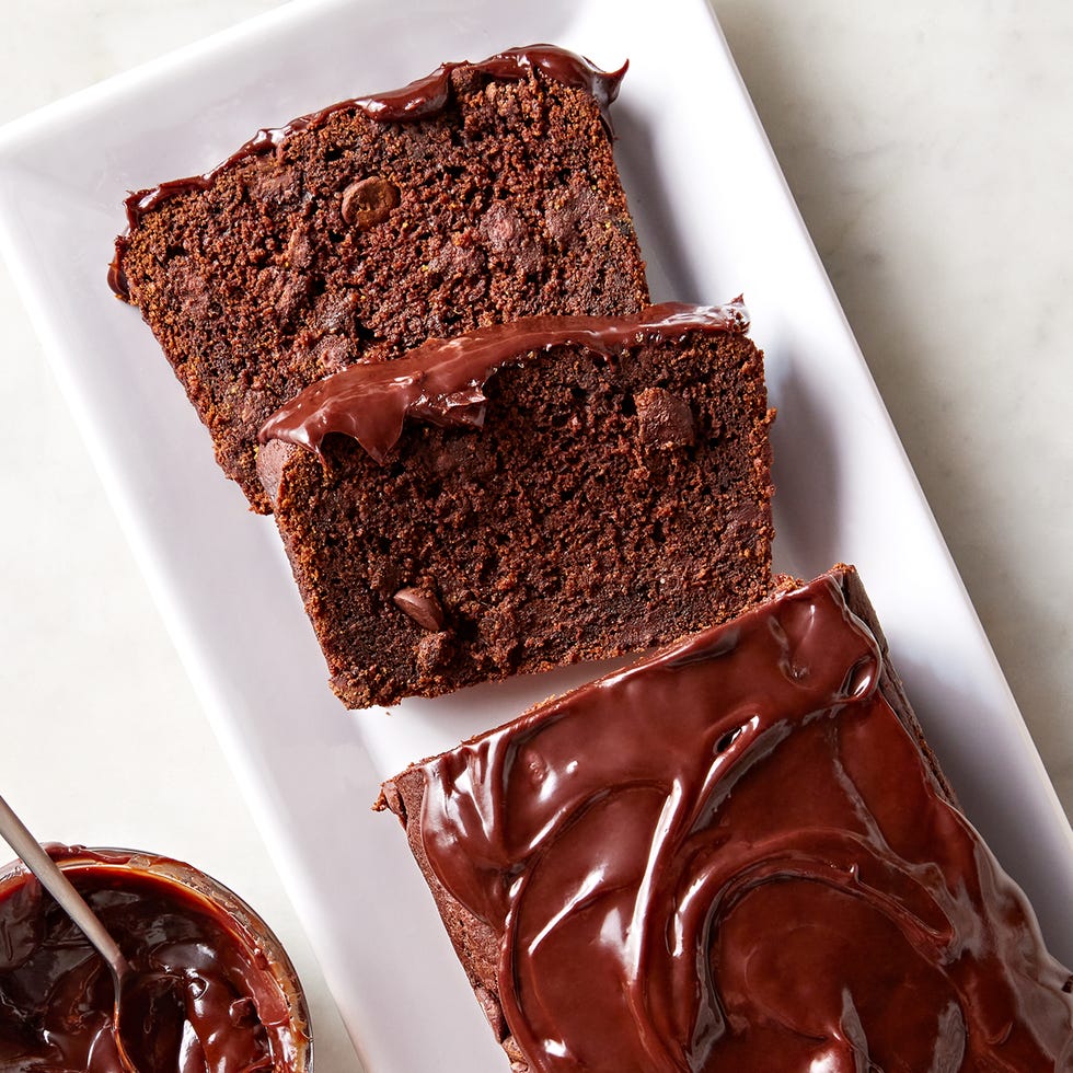 chocolate pumpkin bread with chocolate chips topped with a chocolate ganache