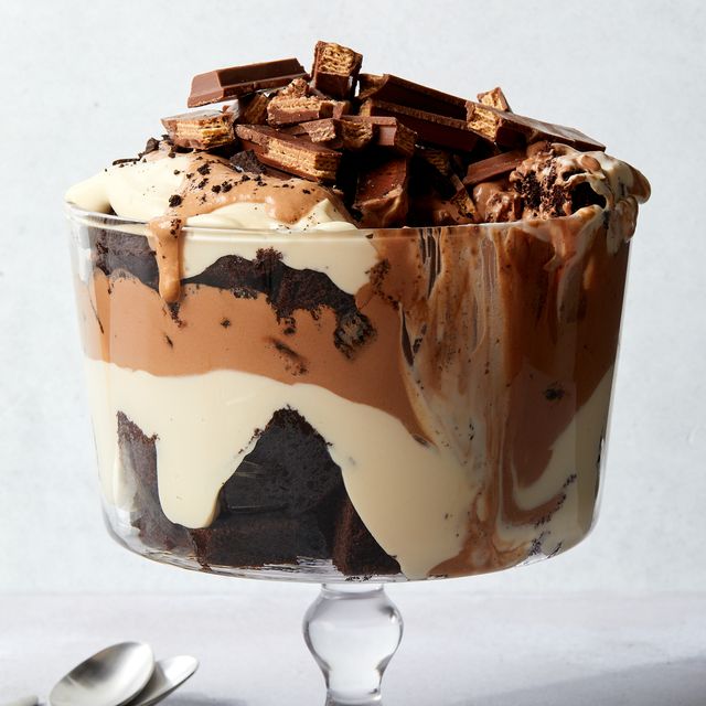triple chocolate trifle topped with kit kats