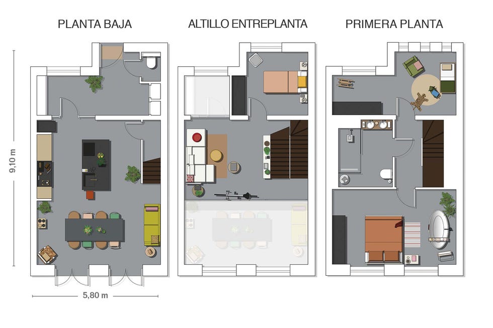 tríplex moderno plano de las 3 plantas