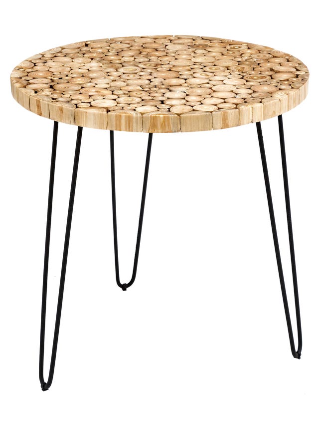 Mesa auxiliar con patas de varillas y sobre de troncos de madera