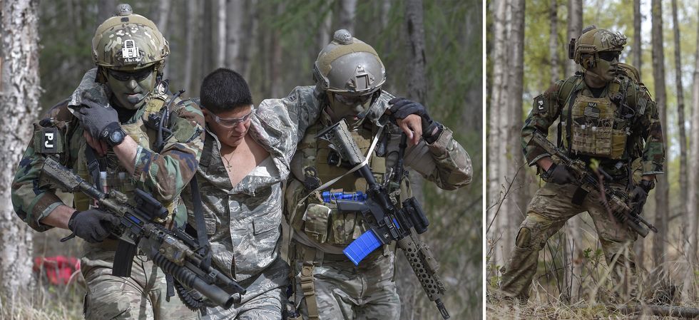 an alaska air national guard pararescueman, assigned to the 212th rescue squadron, scans the area for threats after taking contact from opposition forces while conducting mass casualty, search and rescue training at joint base elmendorf richardson, alaska, may 4, 2016 during the exercise, the rescue operators located, assessed, treated and evacuated numerous casualties while engaging and eliminating multiple attacks from opposition forces in addition to training for combat search and rescue mission, the 212th rescue squadron also provides emergency rescue services for alaska residents and visitors us air force photoalejandro pena