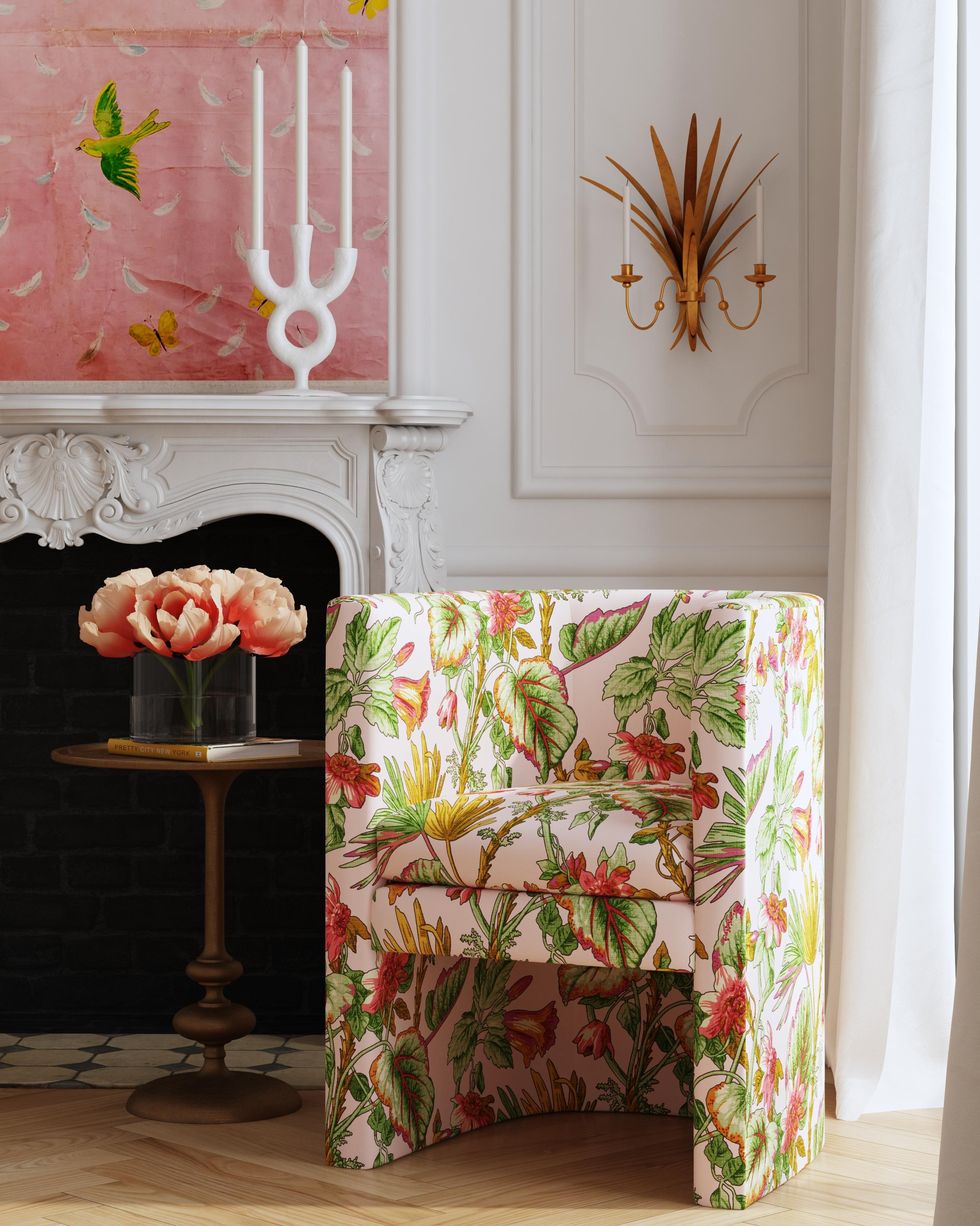 floral chair in white living room