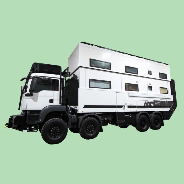 double decker camper with green background