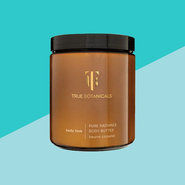 true botanicals body butter in front of blue triangle