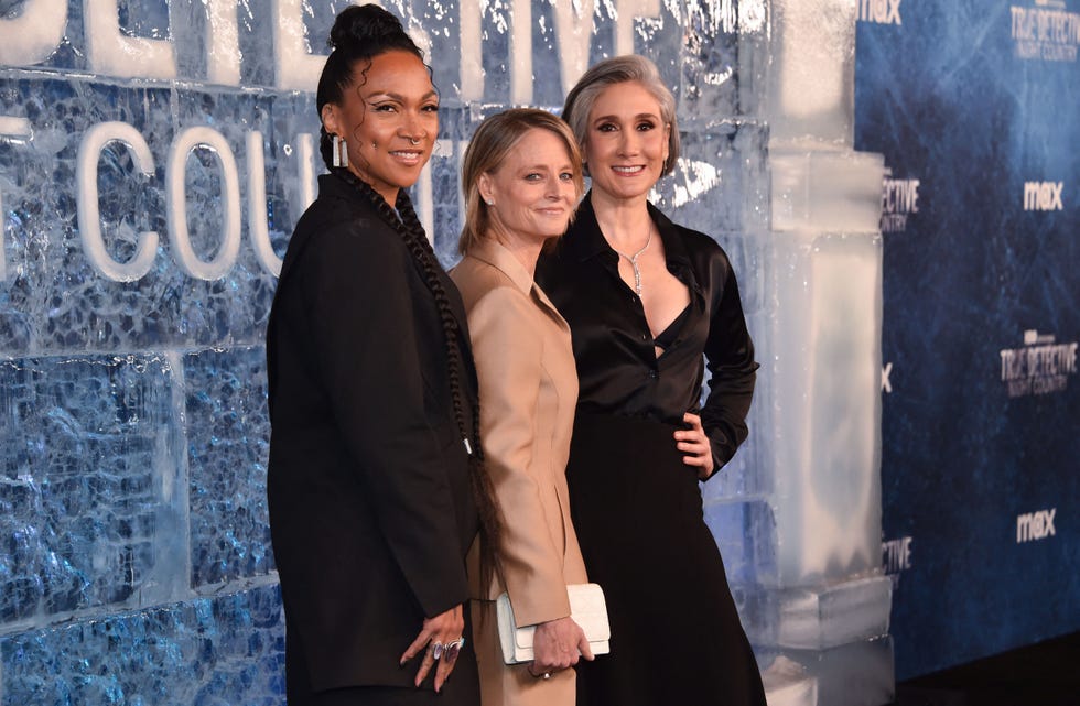 true detective night country stars kali reis and jodie foster with showrunner issa lopez on the red carpet at the show's premiere