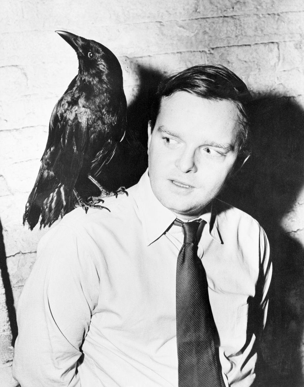 truman capote stands against a brick wall with a crow on his shoulder, he wears a collared shirt and tie and looks to the left