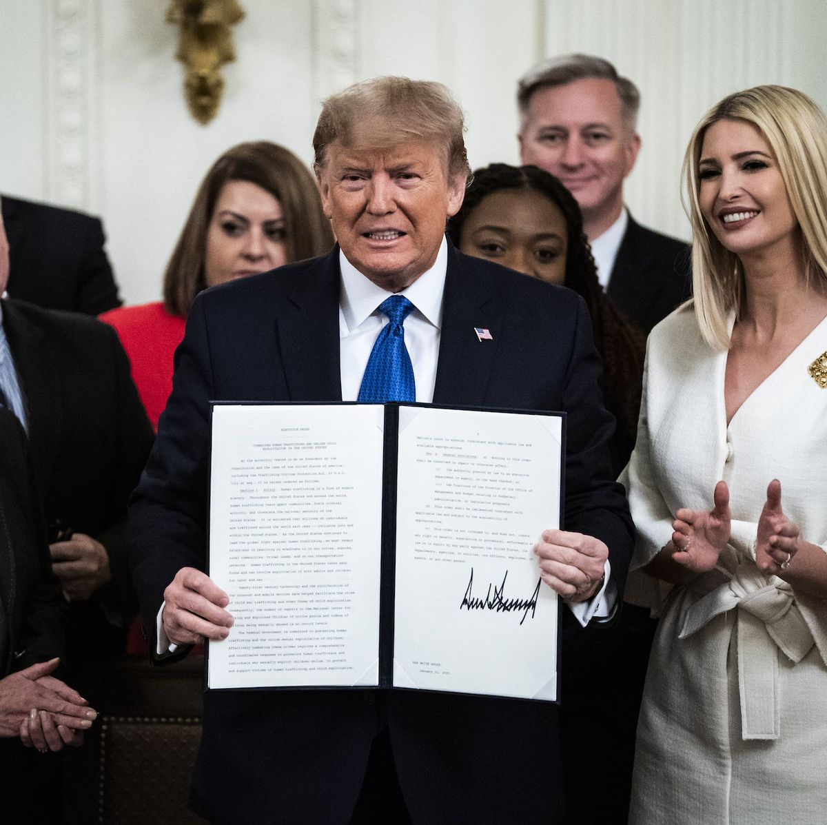 washington, dc   january 31  president donald j trump, with ivanka trump, signs an executive order after delivering remarks at the white house summit on human trafficking in the east room at the white house on friday, jan 31, 2020 in washington, dc photo by jabin botsfordthe washington post via getty images