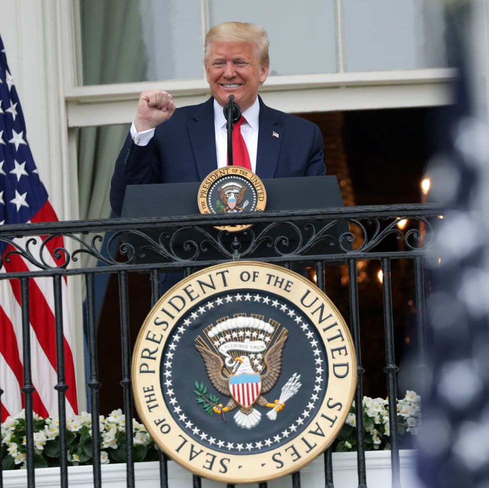 washington, dc   may 22  us president donald trump speaks from the truman balcony during a rolling to remember ceremony honoring our nation‚Äôs veterans and powmia at the white house may 22, 2020 in washington, dc president trump hosted the event to honor america‚Äôs veterans and fallen heroes  photo by alex wonggetty images