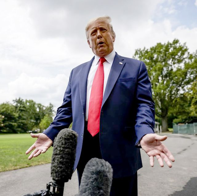 washington, dc   august 06 president donald trump stops to talk to reporters as he departs the white house for a trip to ohio where he will visit a whirlpool factory on august 6, 2020 in washington, dc after the visit to the factory he will attend a fundraising reception and then head to his properties in new jersey for the weekend photo by samuel corumgetty images  local caption  donald trump