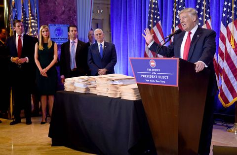 eric trump, ivanka trump, donald trump jr, and vice president elect mike pence look on as president elect donald trump conducts a press conference at trump tower in new york on january 11, 2017  afp  timothy a clary        photo credit should read timothy a claryafp via getty images