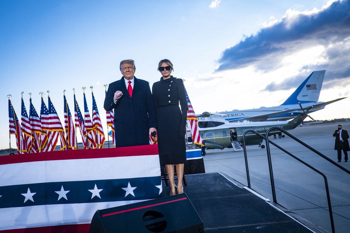 president donald trump and first lady melania trump acknowledge supporters at joint base andrews before boarding air force one for his last time as president on january 20, 2021 trump is traveling to his mar a lago club in palm beach, fla photo by pete marovich for the new york timesnytinaugnytinaug