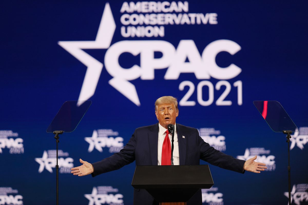 orlando, florida   february 28  former president donald trump addresses the conservative political action conference held in the hyatt regency on february 28, 2021 in orlando, florida begun in 1974, cpac brings together conservative organizations, activists, and world leaders to discuss issues important to them photo by joe raedlegetty images