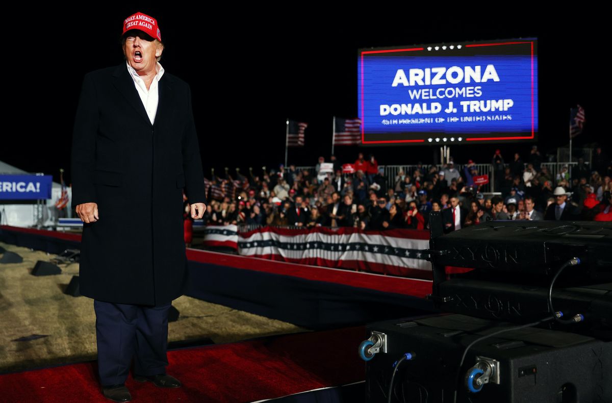 florence, arizona   january 15 former president donald trump departs after speaking at a rally at the canyon moon ranch festival grounds on january 15, 2022 in florence, arizona the rally marks trump's first of the midterm election year with  races for both the us senate and governor in arizona this year photo by mario tamagetty images