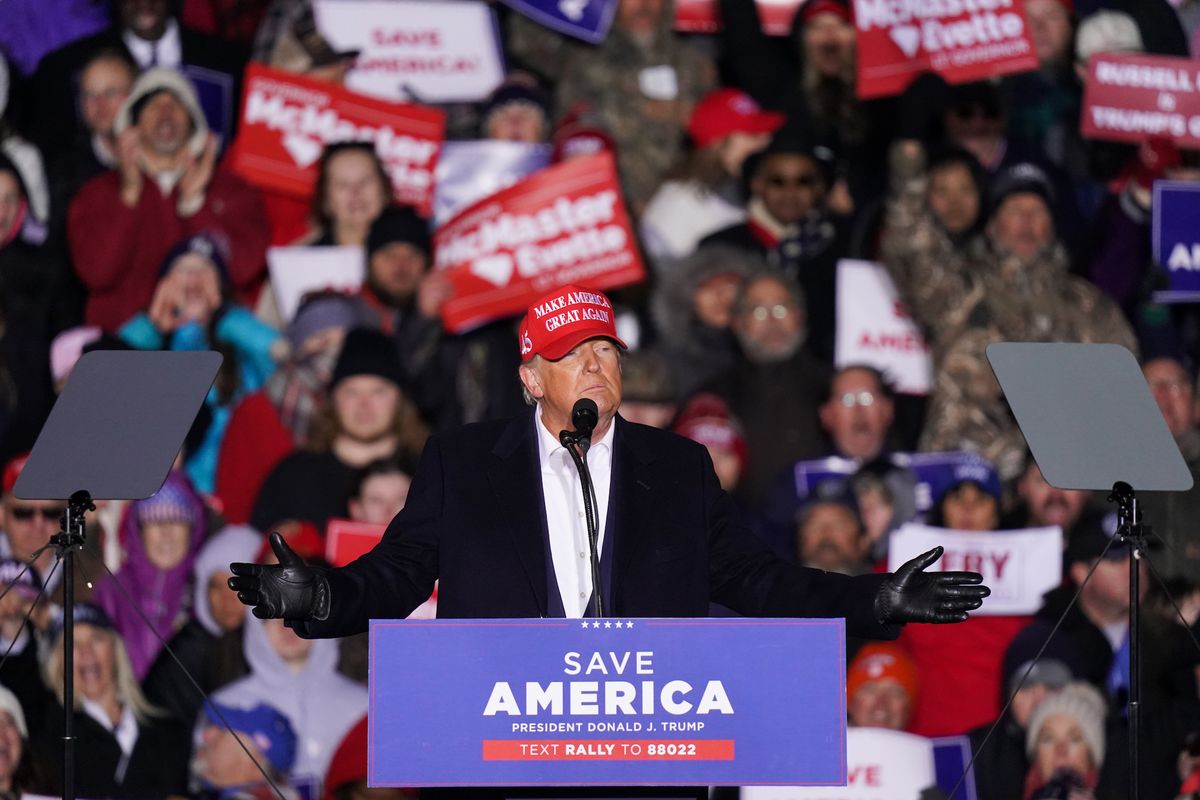 florence, sc   march 12 former us president donald trump speaks to the crowd during a rally at the florence regional airport on march 12, 2022 in florence, south carolina todays visit by trump is his first rally in south carolina since his election loss in 2020 photo by sean rayfordgetty images