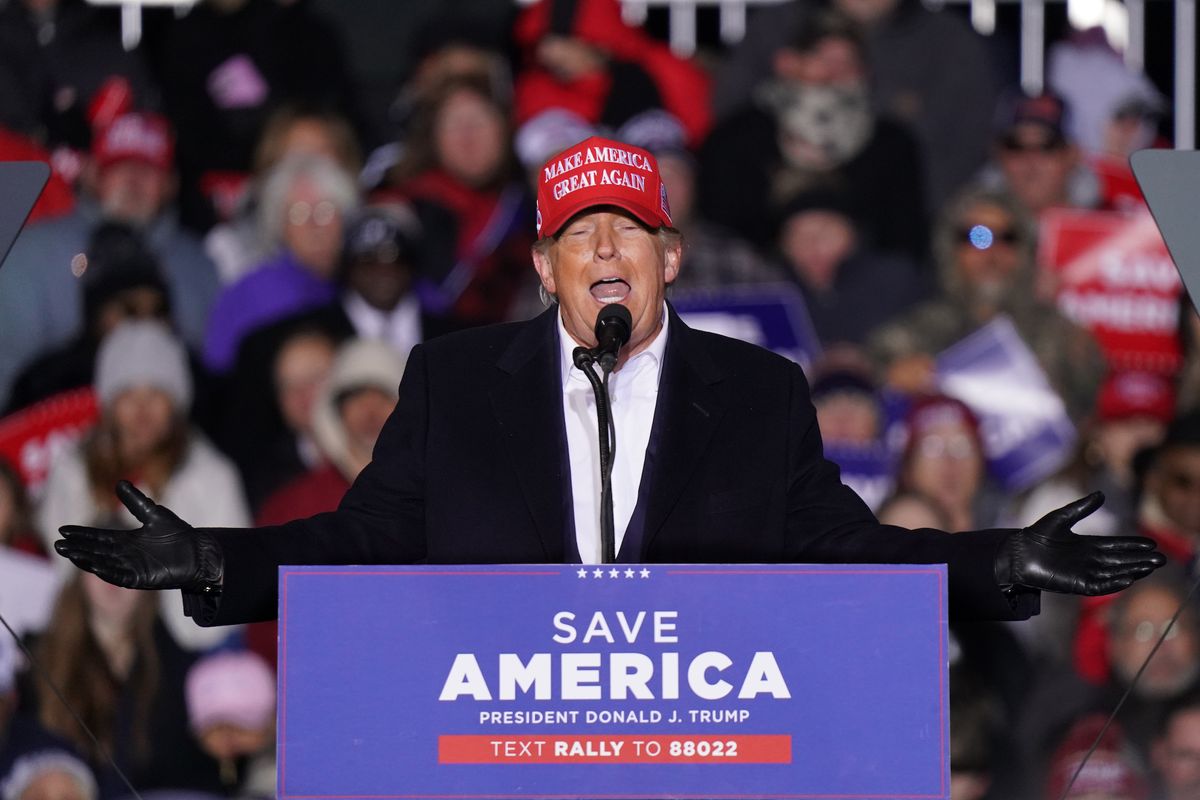 florence, sc   march 12 former us president donald trump speaks to the crowd during a rally at the florence regional airport on march 12, 2022 in florence, south carolina today's visit by trump is his first rally in south carolina since his election loss in 2020 photo by sean rayfordgetty images