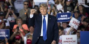 delaware, oh   april 23 former us president donald trump gestures after speaking during a rally hosted by the former president at the delaware county fairgrounds on april 23, 2022 in delaware, ohio last week, trump announced his endorsement of jd vance in the ohio republican senate primary photo by drew angerergetty images