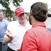 bedminster, new jersey   july 31 former us president donald trump talks with matt wolff of hy flyers gc during day three of the liv golf invitational   bedminster at trump national golf club bedminster on july 31, 2022 in bedminster, new jersey photo by jared c tiltonliv via getty images