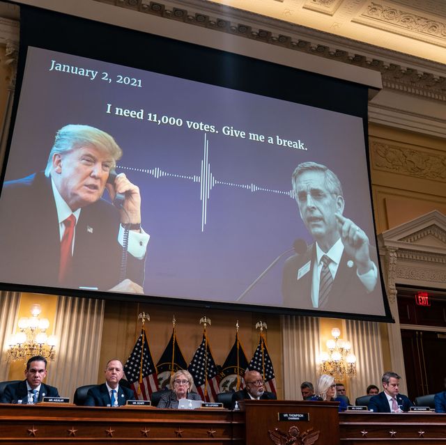 washington, dc december 19 a digital presentation of president donald trump speaking with georgia secretary of state brad raffensperger is displayed on a screen as the house select committee to investigate the january 6th attack on the united states capitol conducts its final hearing in the cannon house office building on monday, dec 19, 2022 in washington, dc the bipartisan select committee to investigate the january 6th attack on the united states capitol has spent over a year conducting more than 1,000 interviews, reviewed more than 140,000 documents day of the attack kent nishimura los angeles times via getty images