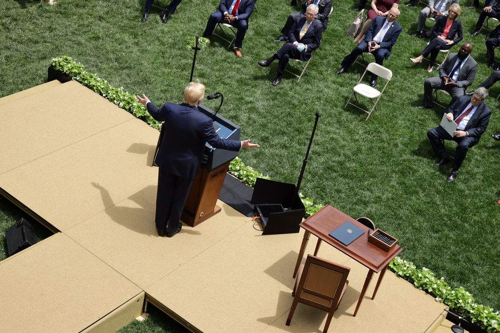 washington, dc   june 16   us president donald trump speaks  during an event in the rose garden on ‚Äúsafe policing for safe communities‚Äù, at the white house june 16, 2020 in washington, dc president trump signed an executive order on police reform amid the growing calls after the death of george floyd photo by alex wonggetty images