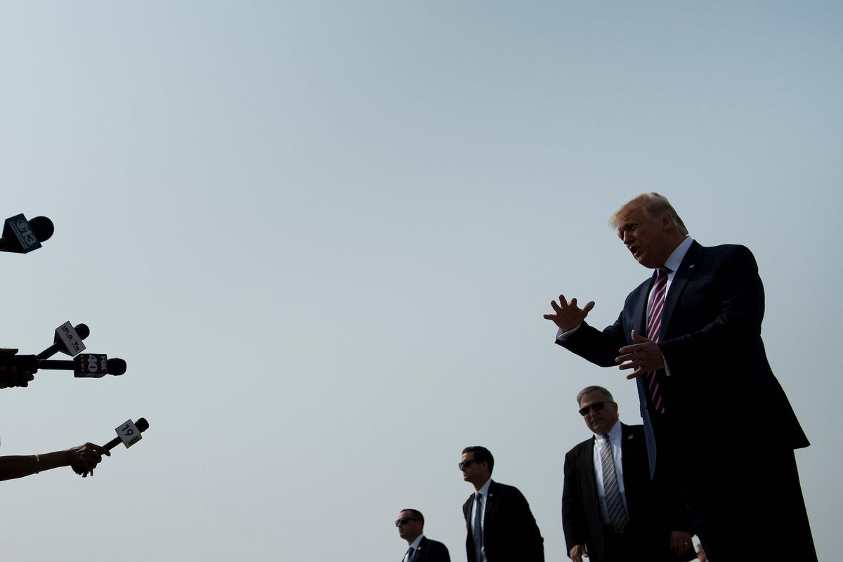 topshot   us president donald trump speaks to local press after arriving at sacramento mcclellan airport september 14, 2020, in mcclellan, california photo by brendan smialowski  afp photo by brendan smialowskiafp via getty images