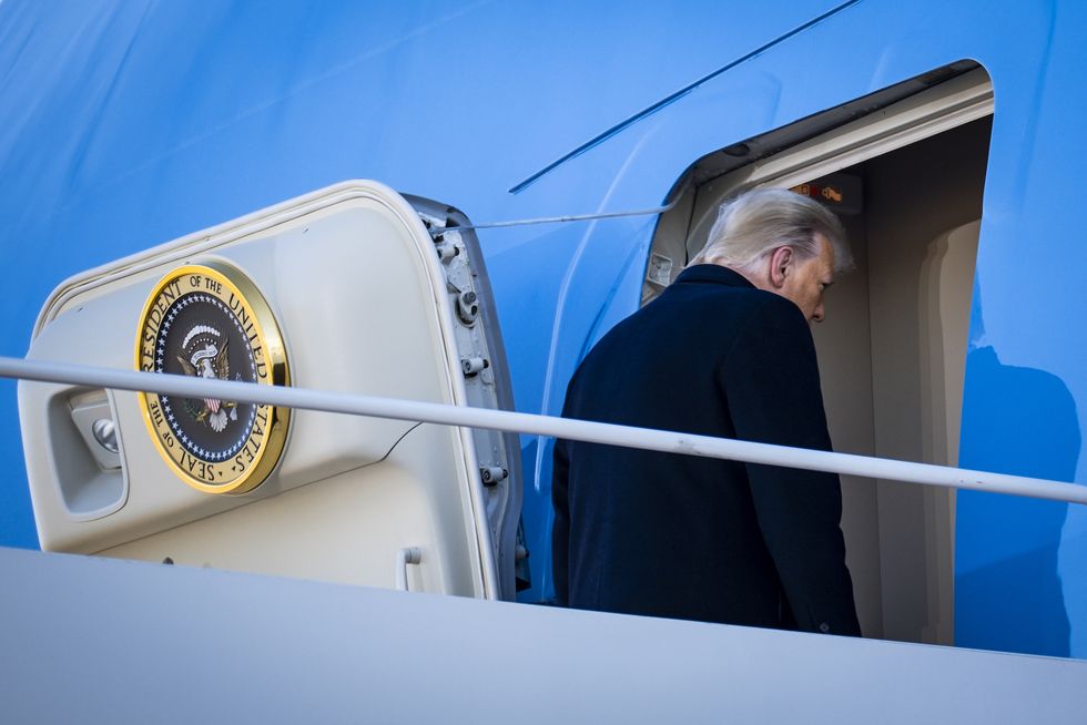 president donald trump boards air force one at joint base andrews before boarding air force one for his last time as president on january 20, 2021 trump is traveling to his mar a lago club in palm beach, fla photo by pete marovich for the new york timesnytinaug