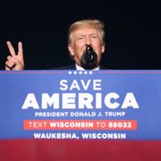 waukesha, wisconsin   august 05 former president donald trump speaks to supporters during a rally on august 05, 2022 in waukesha, wisconsin former president trump endorsed republican candidate tim michels in the governor's race against candidate rebecca kleefisch, who is supported by former vice president mike pence  photo by scott olsongetty images