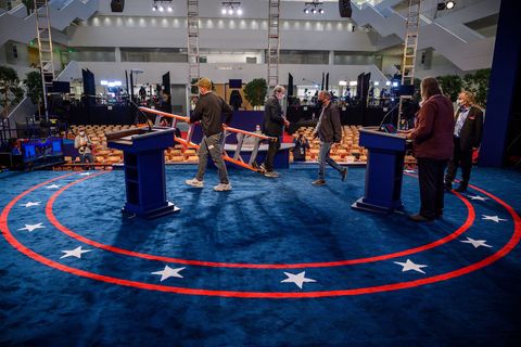 the stage of the first us presidential debate is seen from backstage as workers complete the final touches on september 28, 2020 in cleveland, ohio   tuesday's clash in cleveland, ohio, the first of three 90 minute debates, represents the first time voters will have the chance to see the candidates facing off against one another directly photo by eric baradat  afp photo by eric baradatafp via getty images