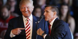 grand junction, co   october 18 republican presidential candidate donald trump l jokes with retired gen michael flynn as they speak at a rally at grand junction regional airport on october 18, 2016 in grand junction colorado trump is on his way to las vegas for the third and final presidential debate against democratic rival hillary clinton photo by george freygetty images