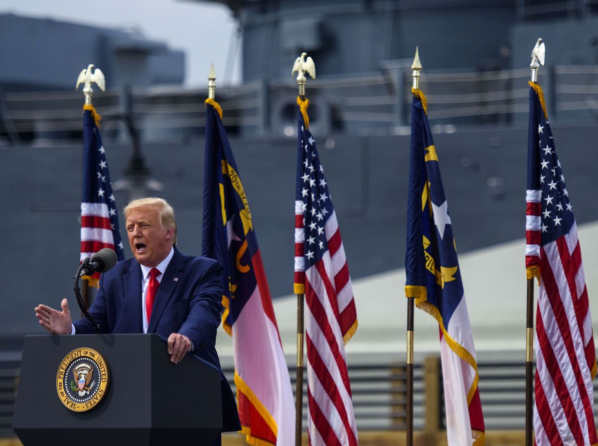 wilmington, nc   september 02 president donald trump speaks to a small crowd outside the uss north carolina on september 2, 2020 in wilmington, north carolina president donald trump visited the port city for a brief ceremony designating wilmington as the nation's first wwii heritage city the title is in honor of the area's efforts during wwiiphoto by melissa sue gerritsgetty images