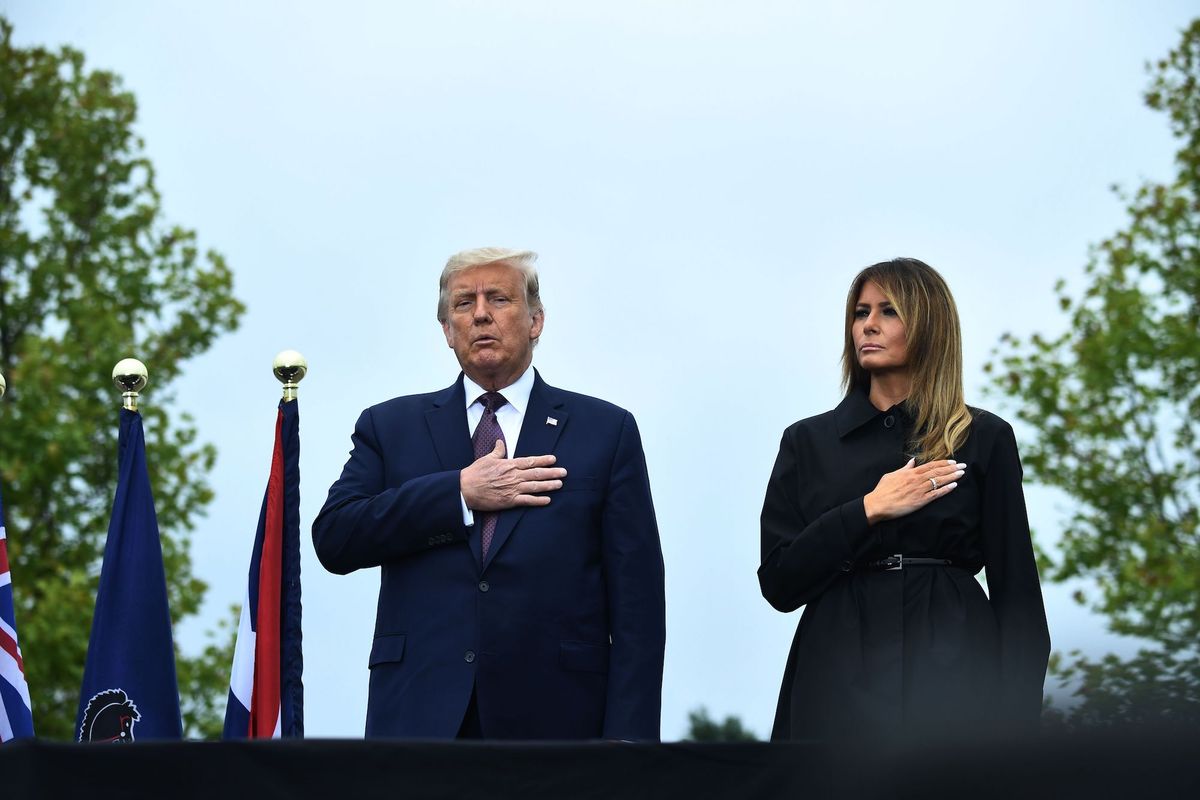 us president donald trump and first lady melania trump attend a ceremony commemorating the 19th anniversary of the 911 attacks, in shanksville, pennsylvania, on september 11, 2020 photo by brendan smialowski  afp photo by brendan smialowskiafp via getty images