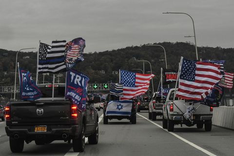 tarrytown, ny   november 01 trump supporters stop their vehicles and block traffic on the tappen zee bridge also called the governor mario m cuomo bridge on november 1, 2020 in tarrytown, new york with just two day left before the us presidential election, trump supporters coordinated large caravans across the country dubbed "maga drag" photo by stephanie keithgetty images