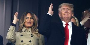 atlanta, georgia   october 30  former first lady and president of the united states melania and donald trump do "the chop" prior to game four of the world series between the houston astros and the atlanta braves truist park on october 30, 2021 in atlanta, georgia photo by elsagetty images
