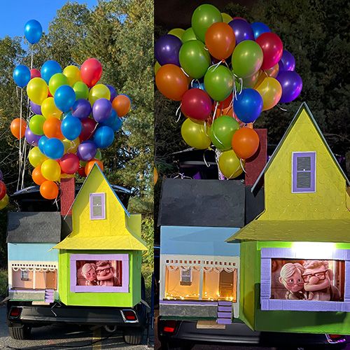 two side by side images shows an up themed trunk or treat setup in the day and at night, when it has actual lights on