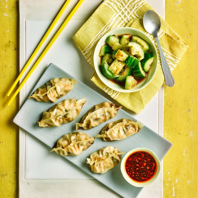 prawn pot stickers with smacked cucumber