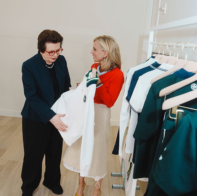 billie jean king and tory burch examine pieces from the tory burch x billie jean king collection