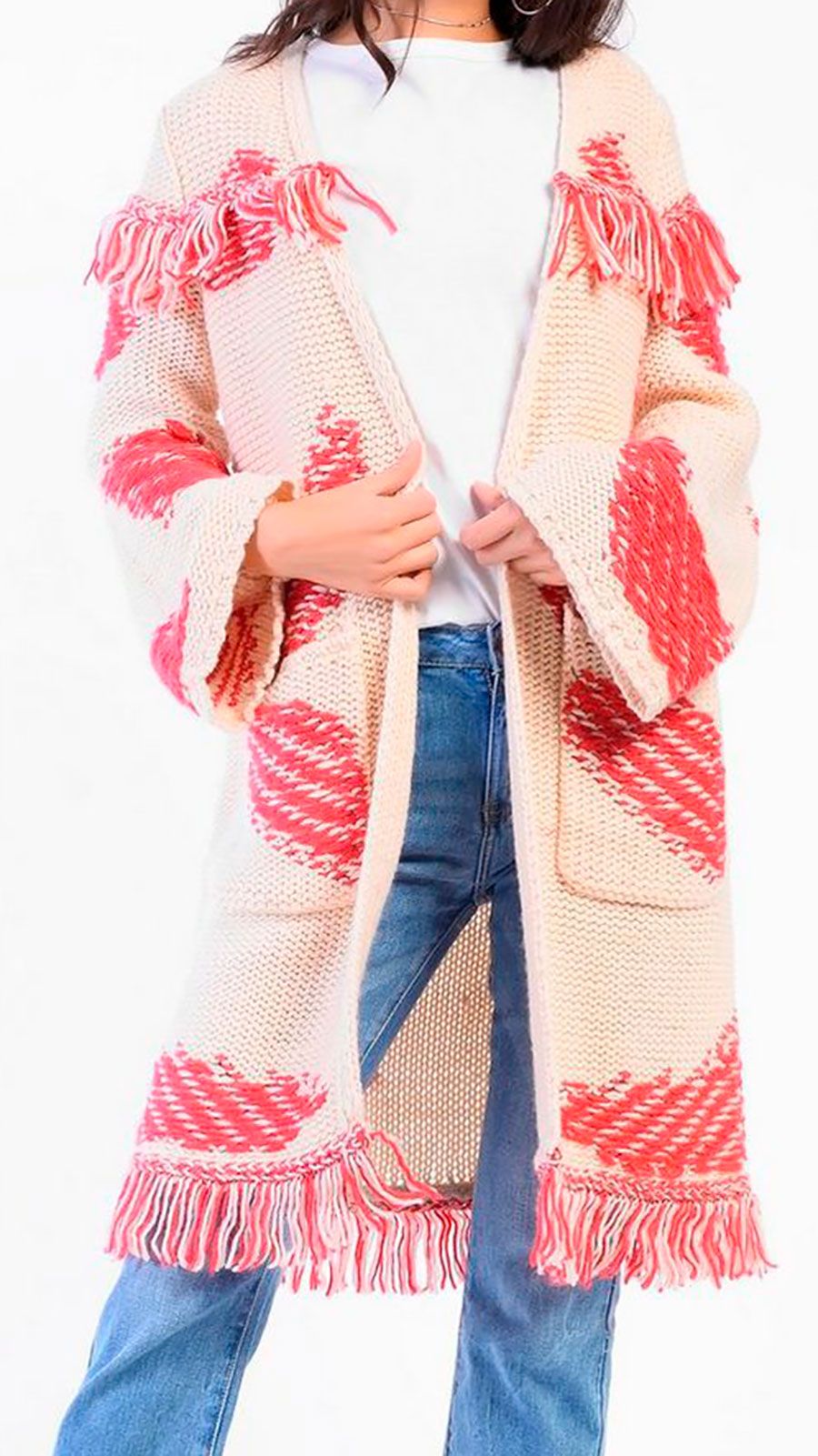 Clothing, Pink, Outerwear, Textile, Costume, Peach, Scarf, Pattern, Wool, Sweater, 