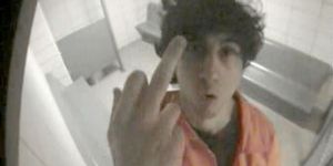 boston, ma   july 10, 2013  in this handout image of security footage provided by the united states attorneys office, boston marathon bomber dzhokhar tsarnaev is seen giving the middle finger to a security camera inside his jail cell three months after he was arrested in the terror attack july 10, 2013 tsarnaev was convicted on 30 counts related to the 2013 bombings at the boston marathon finish line photo by united states attorneys office via getty images