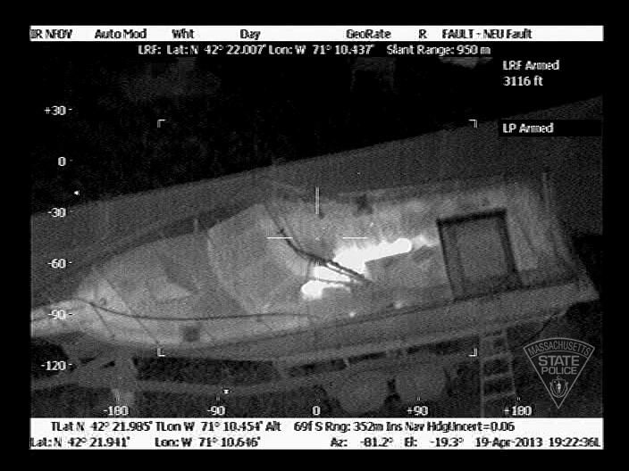 watertown, ma   april 19  in this handout provided by the massachusetts state police, the boat in which boston marathon bombing suspect dzhokhar a tsarnaev is hiding is seen from the forward looking infrared setting of a police helicopter on franklin street on april 19, 2013 in watertown, massachusetts a manhunt for dzhokhar a tsarnaev, 19, a suspect in the boston marathon bombing ended after he was apprehended on a boat parked on a residential property his brother tamerlan tsarnaev, 26, the other suspect, was shot and killed after a car chase and shootout with police the bombing, on april 15 at the finish line of the marathon, killed three people and wounded at least 170  photo by massachusetts state police via getty images